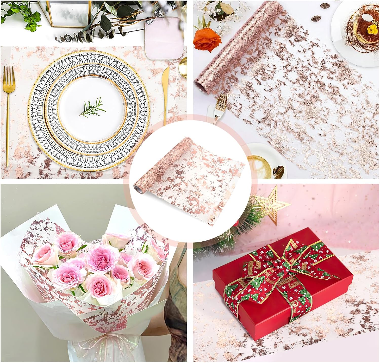 3 Piece Rose Gold Table Runner with Glitter Sequins