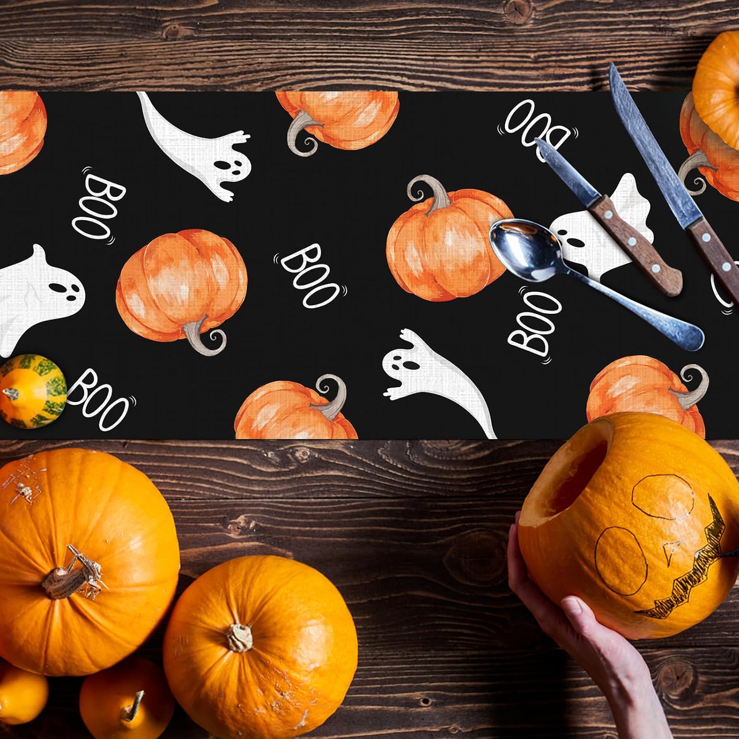 Halloween Table Runner Black Ghost Pumpkin Decor