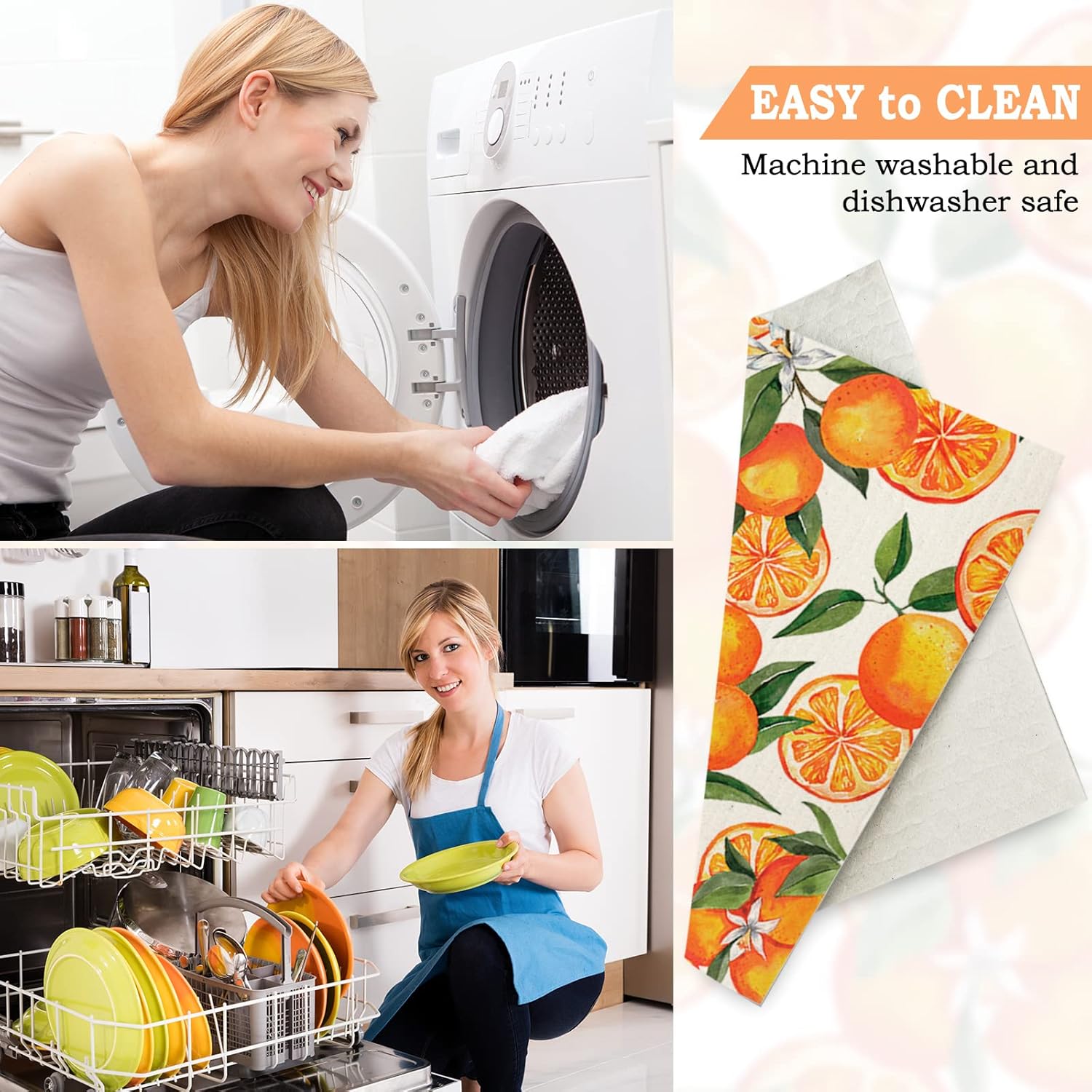 Whaline Orange Patterned Dishcloths 6Pcs 7x8in Reusable Kitchen Towels