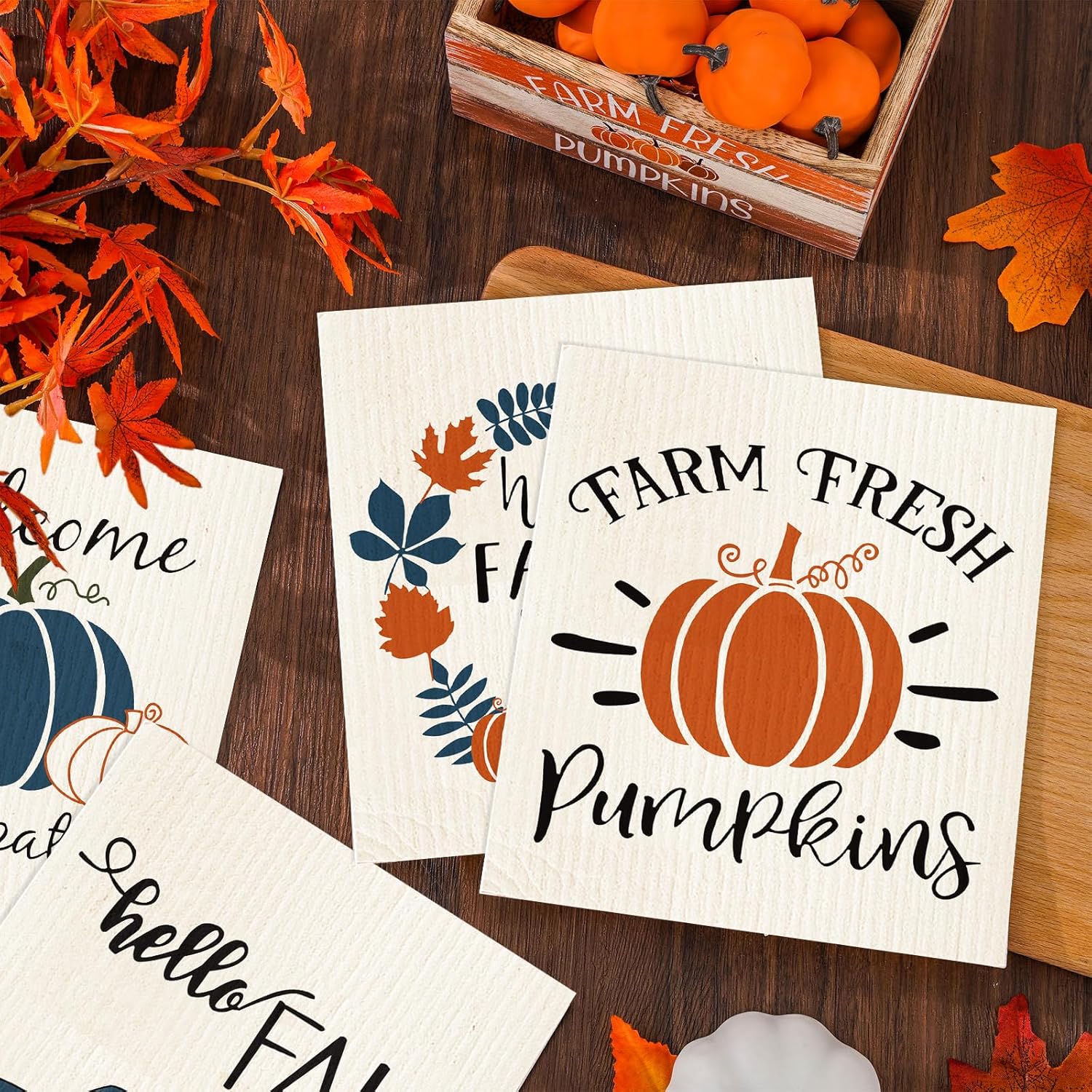 Swedish Kitchen Dishcloth Set 4Pcs 7x8 Inch Fall Themed