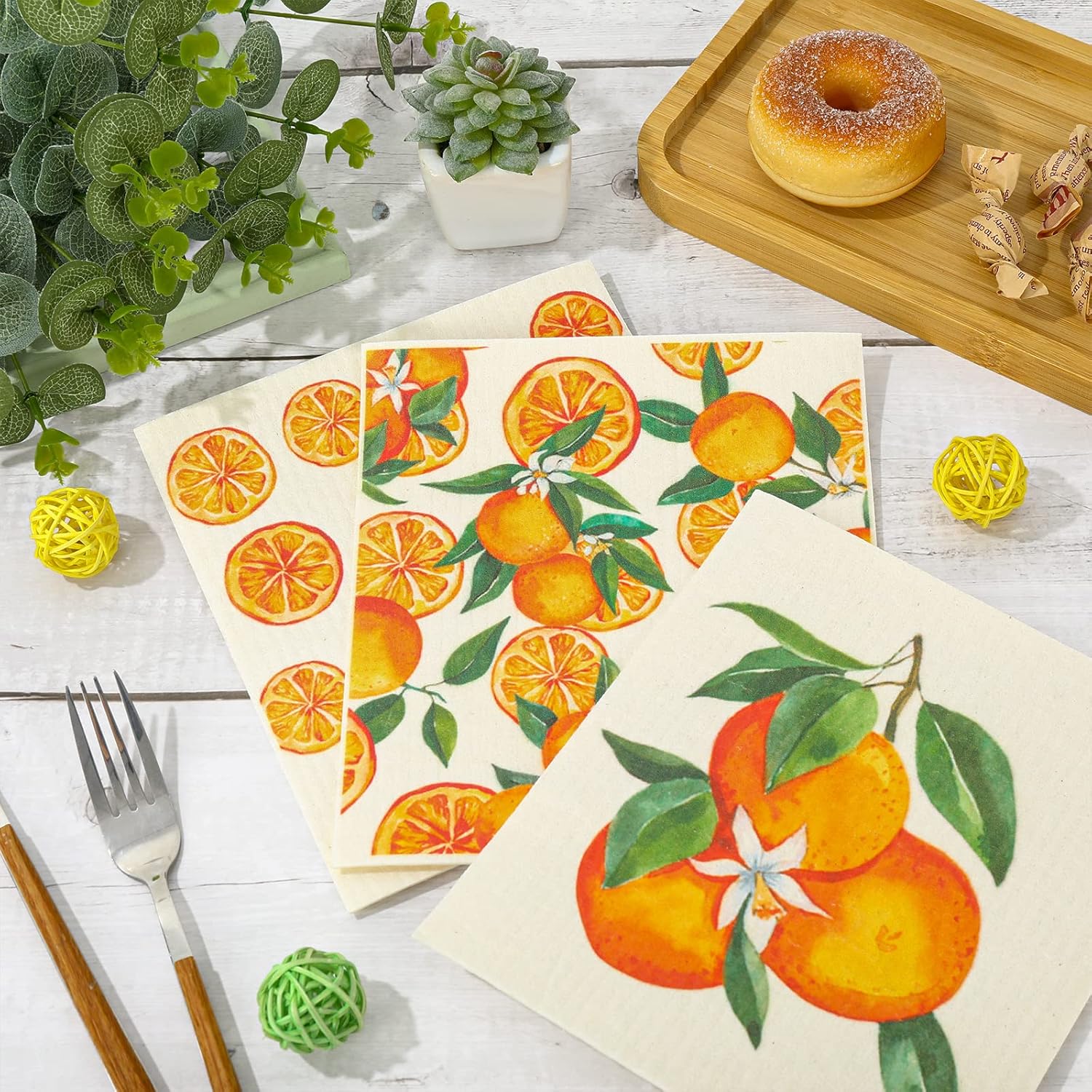 Whaline Orange Patterned Dishcloths 6Pcs 7x8in Reusable Kitchen Towels