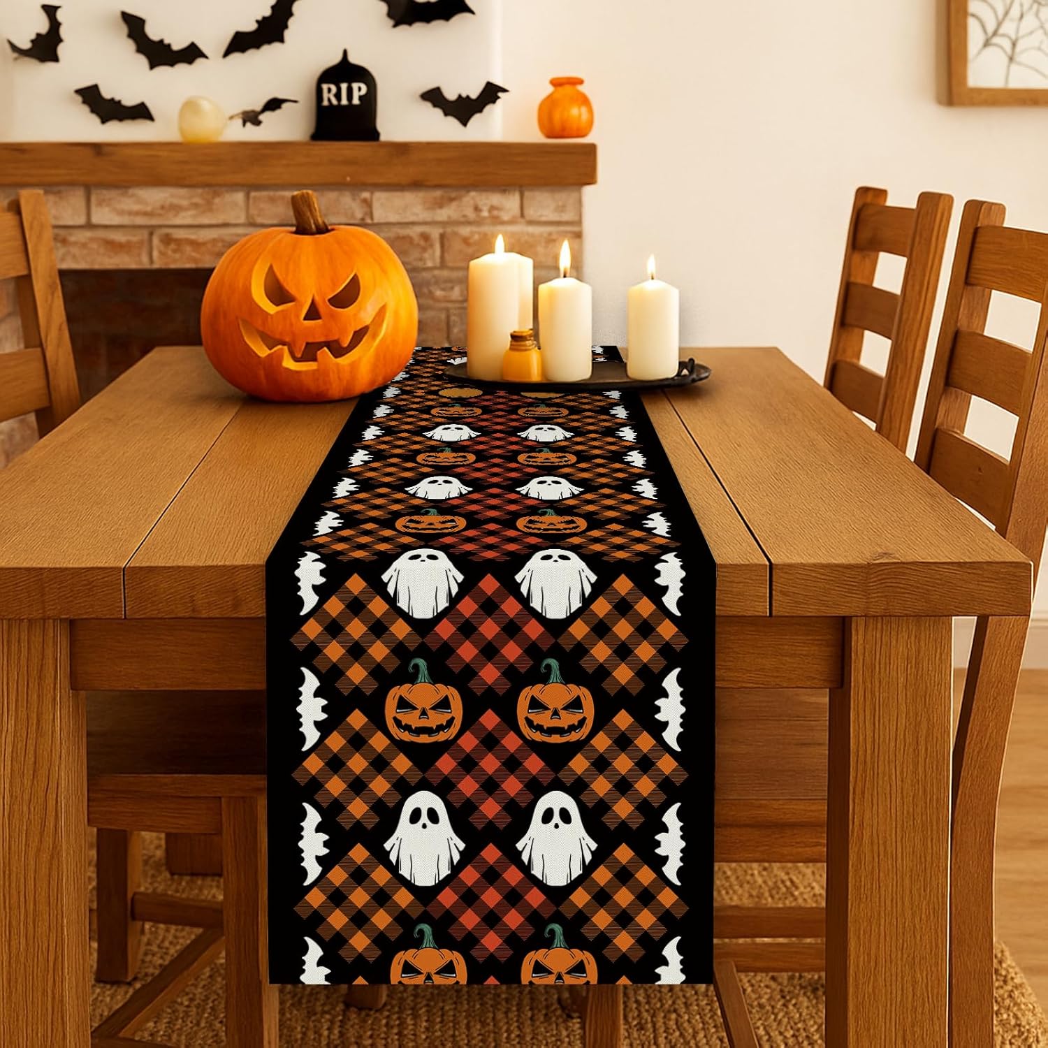 Halloween Table Runner with Ghost and Pumpkin Design