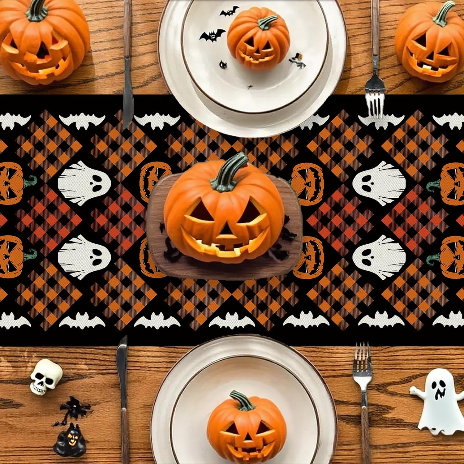 Halloween Table Runner with Ghost and Pumpkin Design