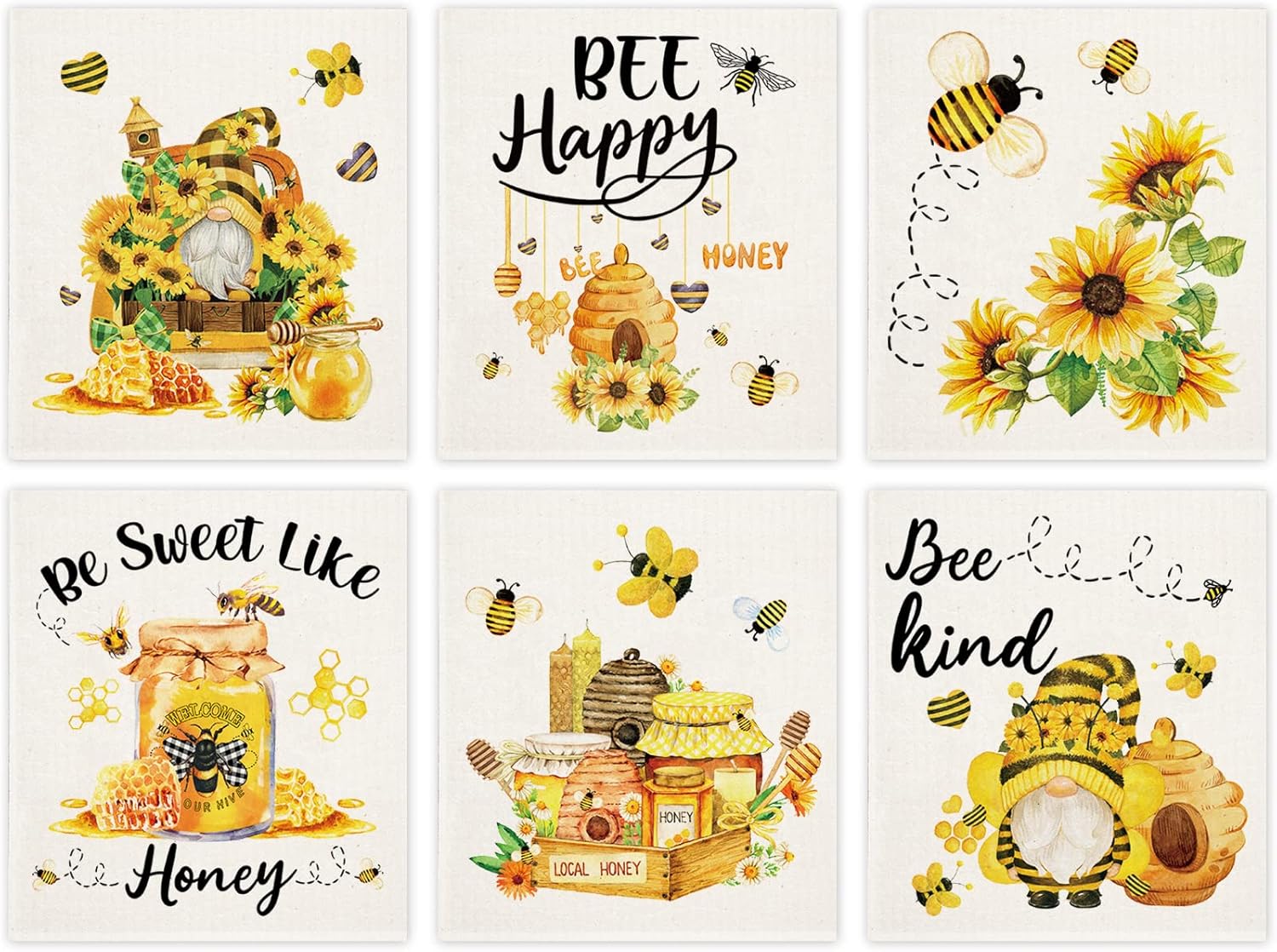 Whaline 6Pcs Bee Themed Dish Cloths Reusable Cotton Sponge Cleaning Towels