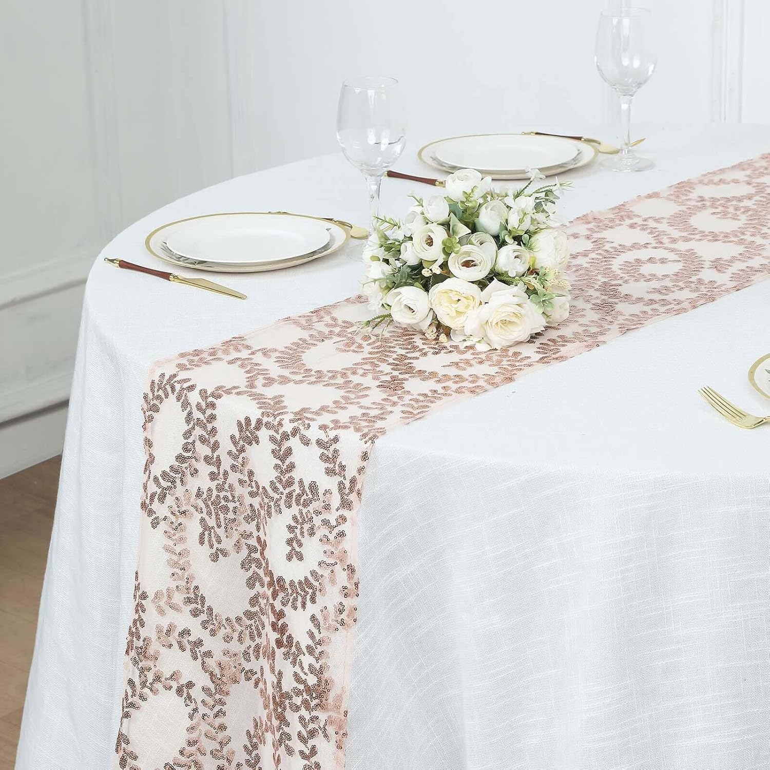 Efavormart 12x108 Blush Rose Gold Leaf Vine Sequin Table Runner