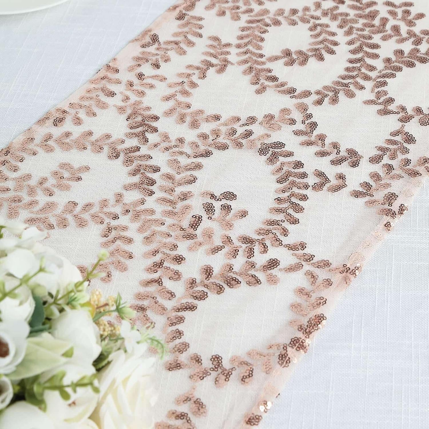 Efavormart 12x108 Blush Rose Gold Leaf Vine Sequin Table Runner