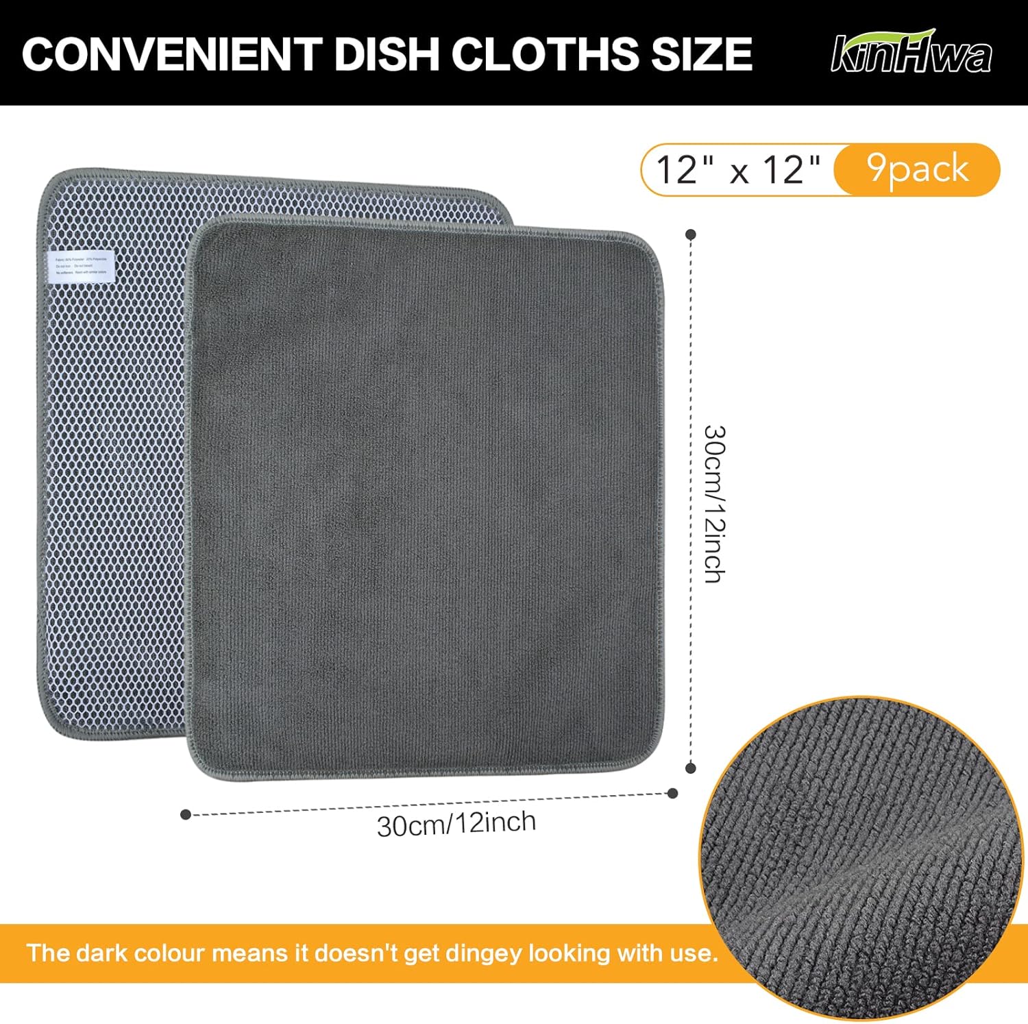 KinHwa 12inchx12inch Gray Microfiber Dish Cloths 9 Pack