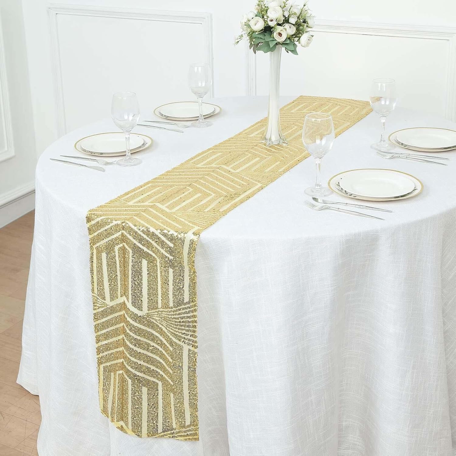 Efavormart 12x108 Gold Sequin Geometric Table Runner