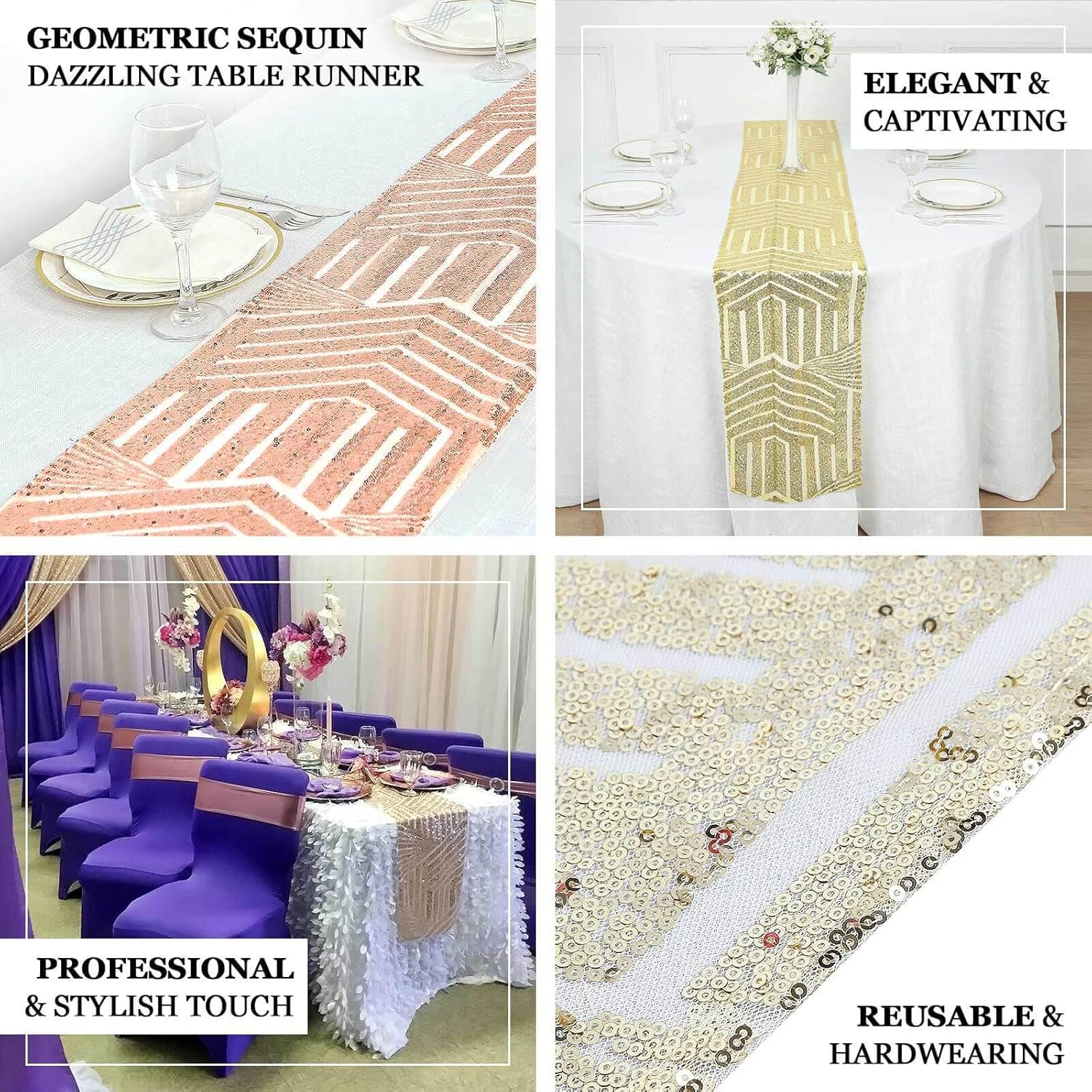 Efavormart 12x108 Gold Sequin Geometric Table Runner
