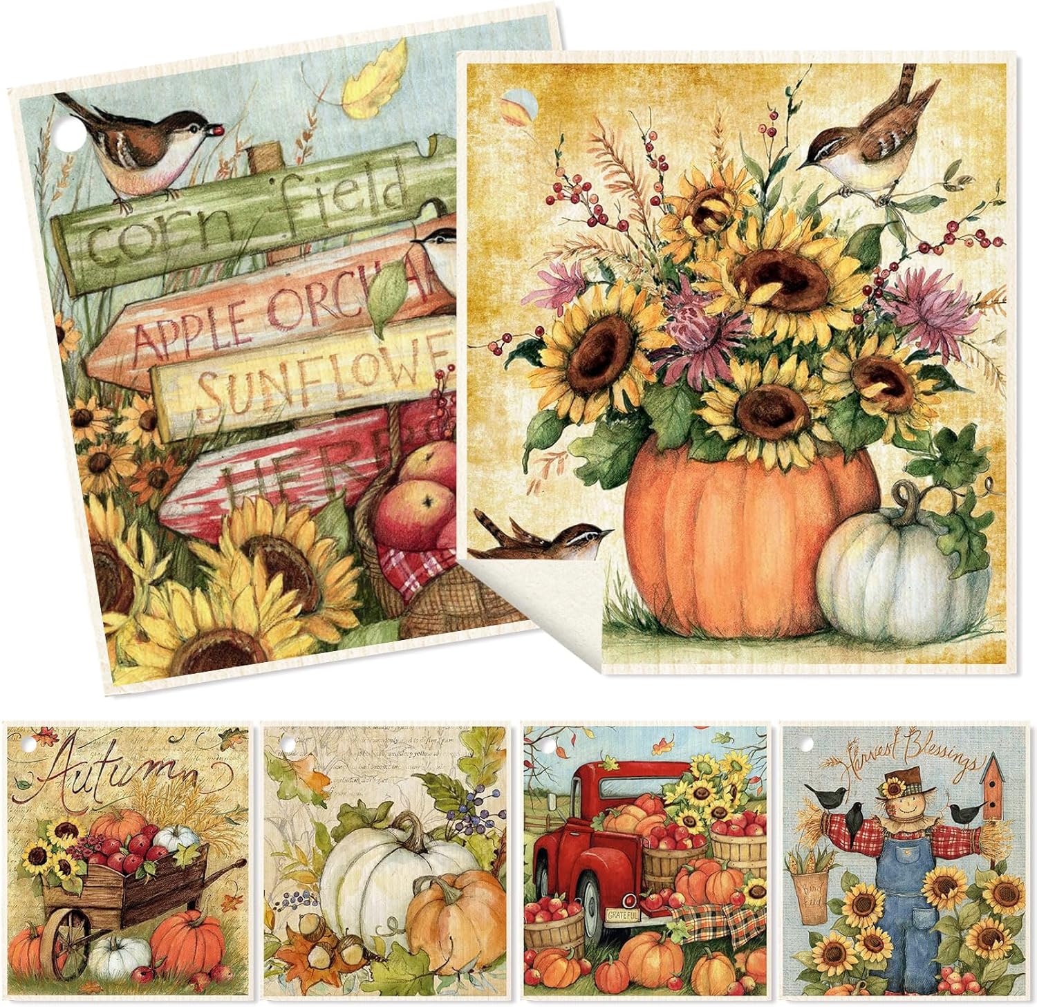 Swedish Style Dish Cloths 6Pcs Fall Themed Cotton Towels