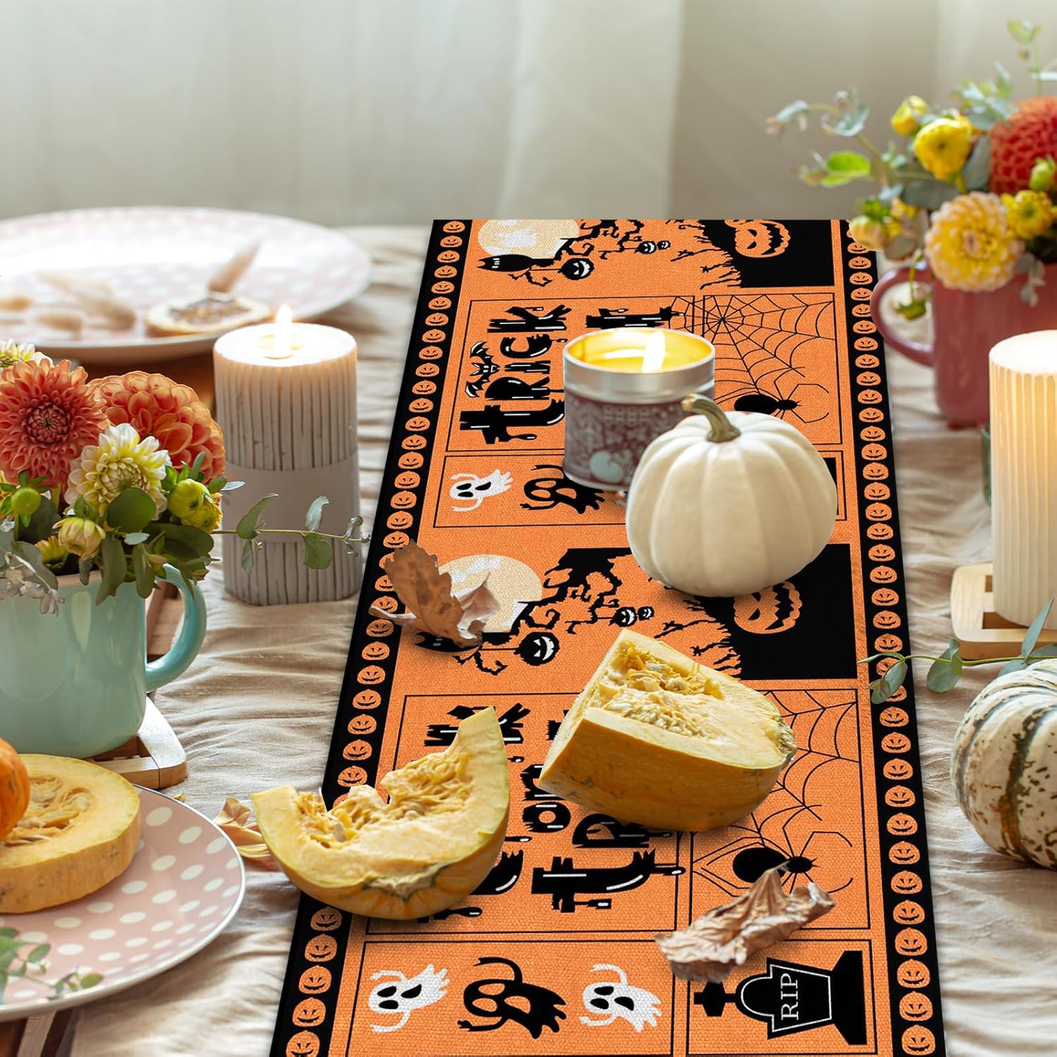 Halloween Table Runner with Pumpkin Ghost Design