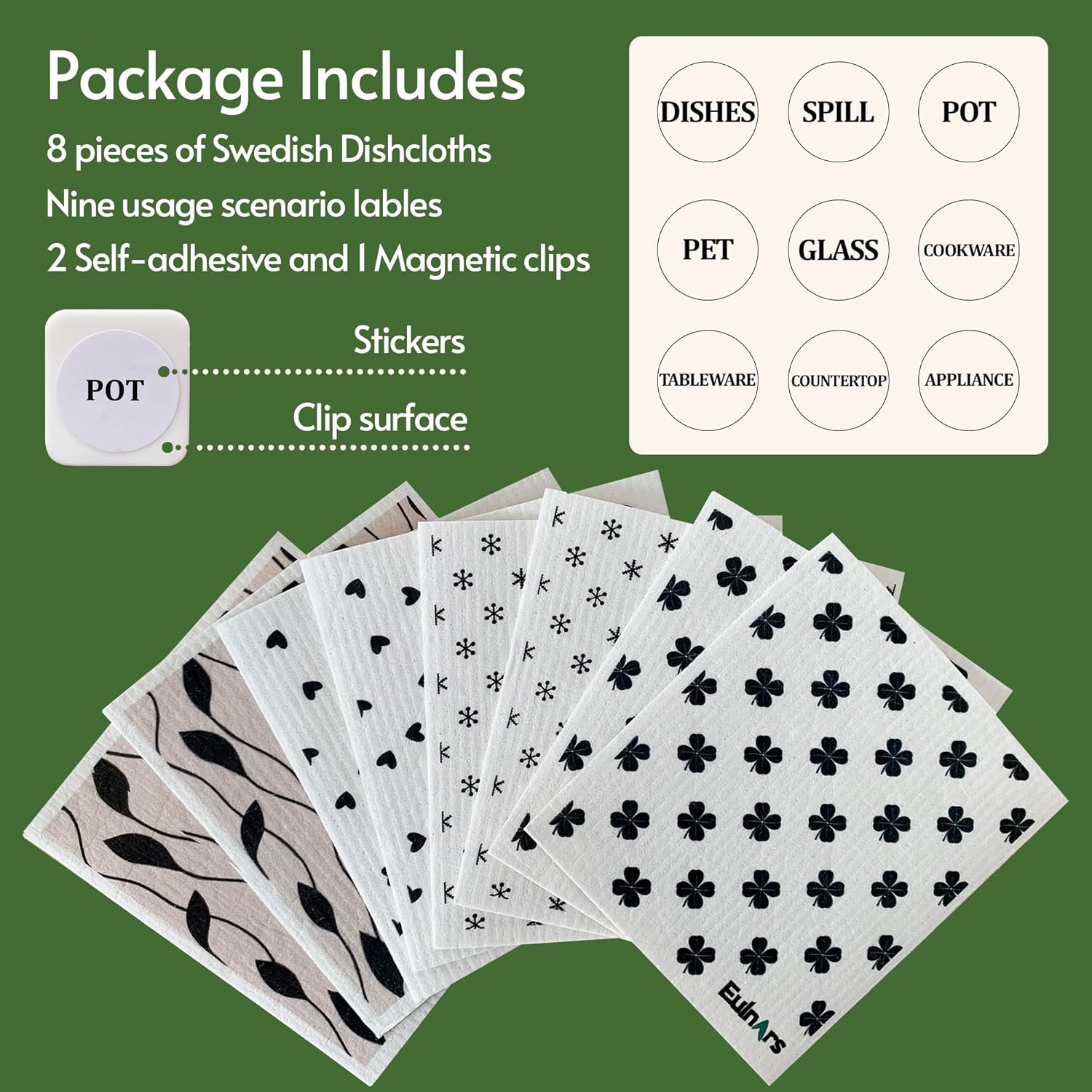 Eulnars Reusable Paper Towels 8-Pack with Clips