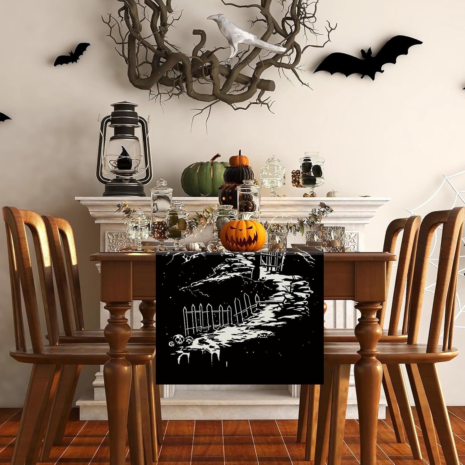 Halloween Table Runner Haunted House Witch Spooky Village Gothic 13x72 Inch