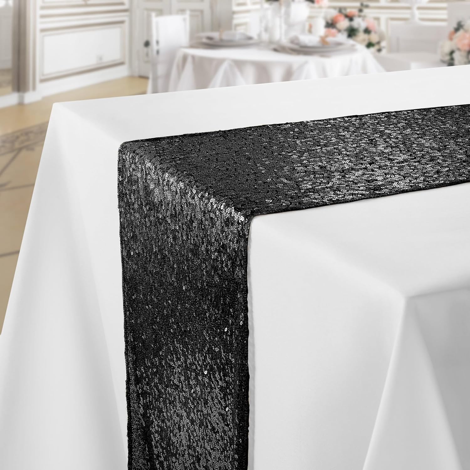 15 Pack Black Sequin Table Runner for Holidays and Events