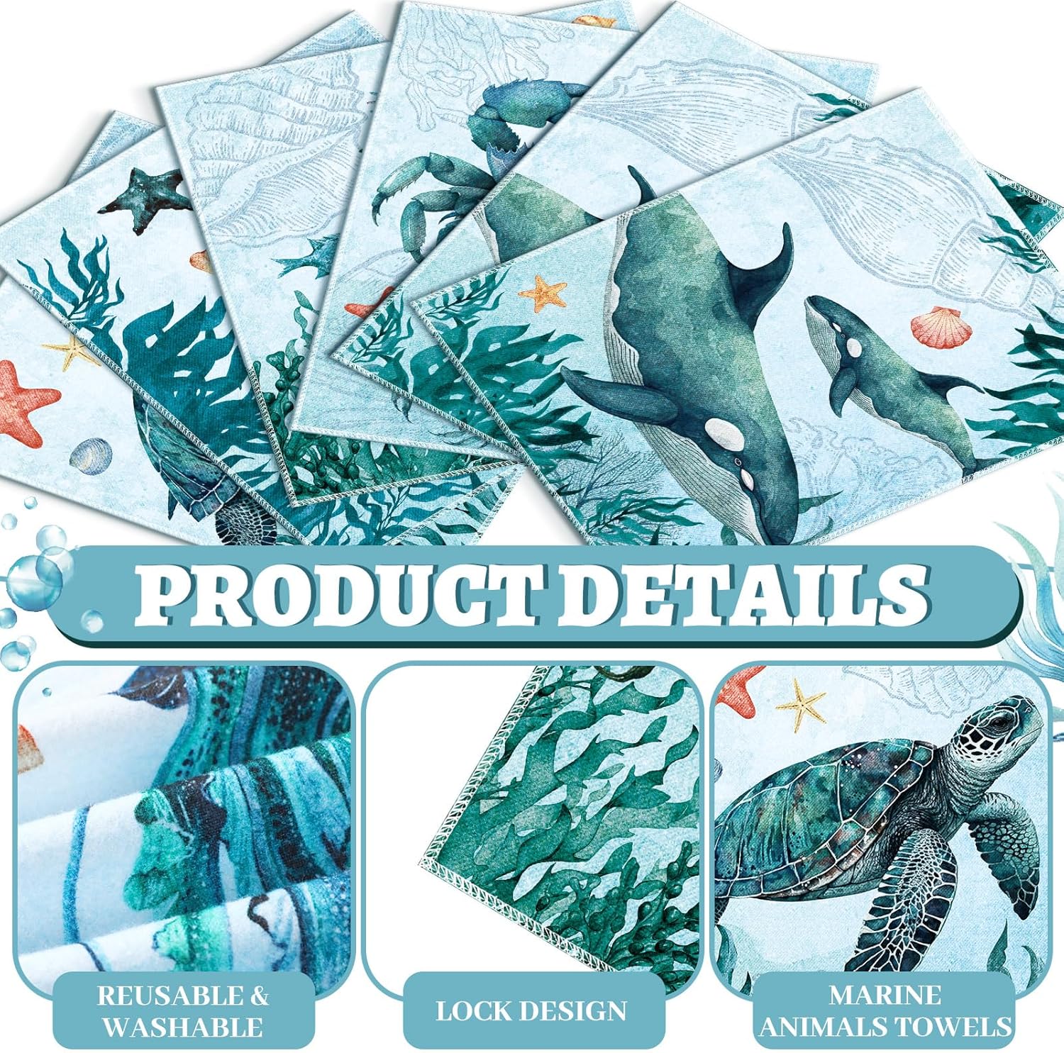36 Count Reusable Cleaning Cloths Cotton Kitchen Towels Sea Animals Blue