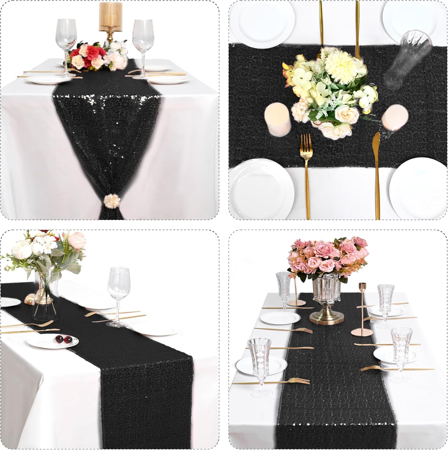15 Pack Black Sequin Table Runner for Holidays and Events