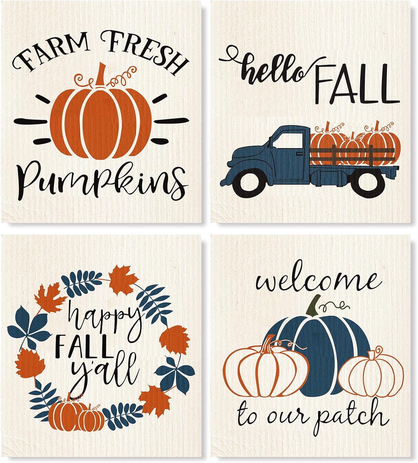 Swedish Kitchen Dishcloth Set 4Pcs 7x8 Inch Fall Themed