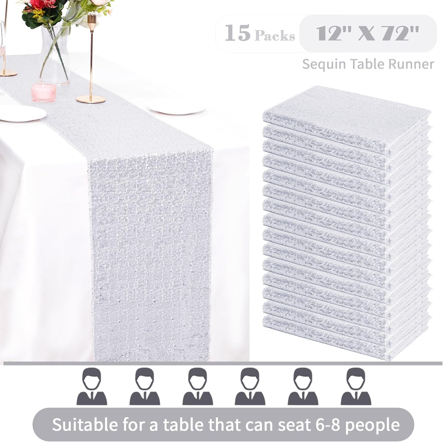15 Pack Silver Sparkly Sequin Table Runner for Events