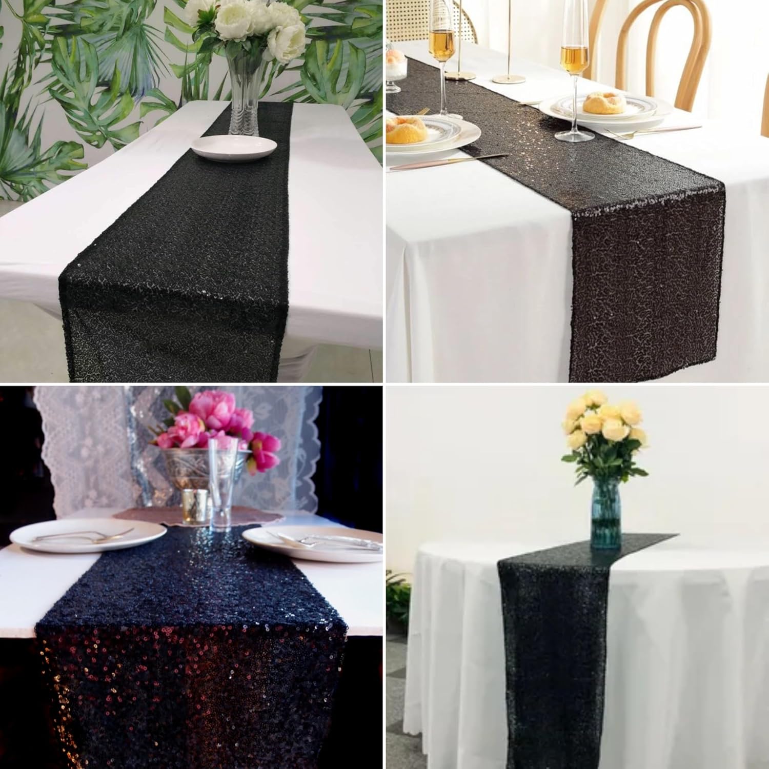 15 Pack Black Sequin Table Runner for Holidays and Events