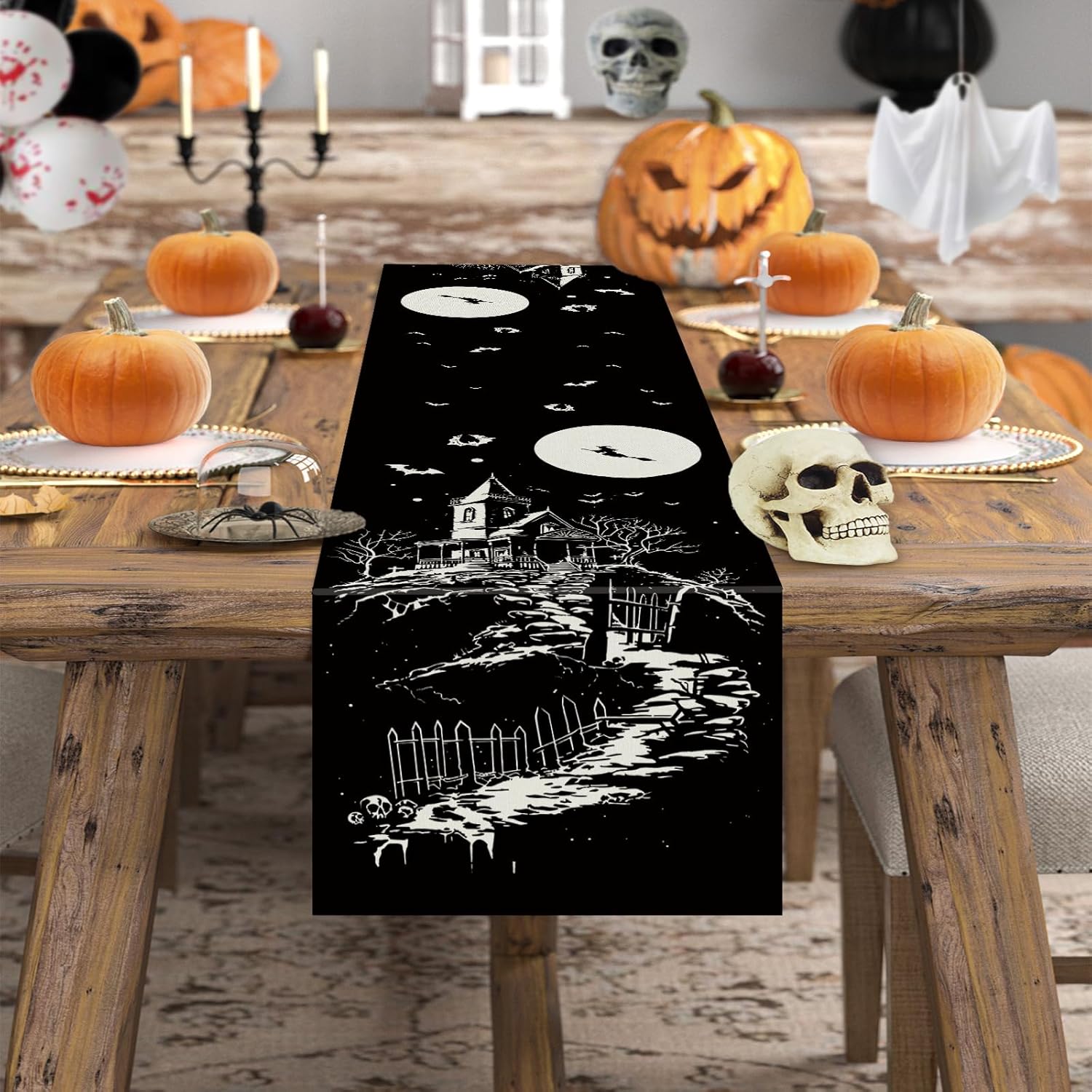 Halloween Table Runner Haunted House Witch Spooky Village Gothic 13x72 Inch