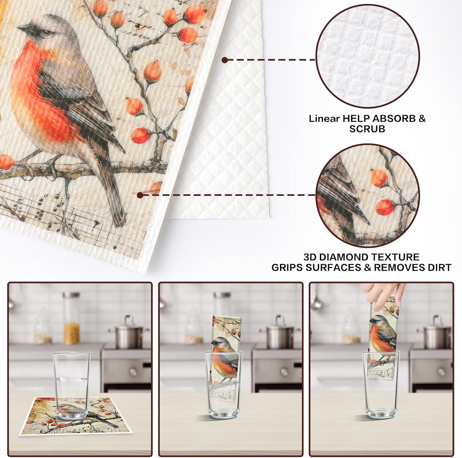 VISSTREE Birds Flowers Dishcloths 6 Pack Reusable Kitchen Cloths
