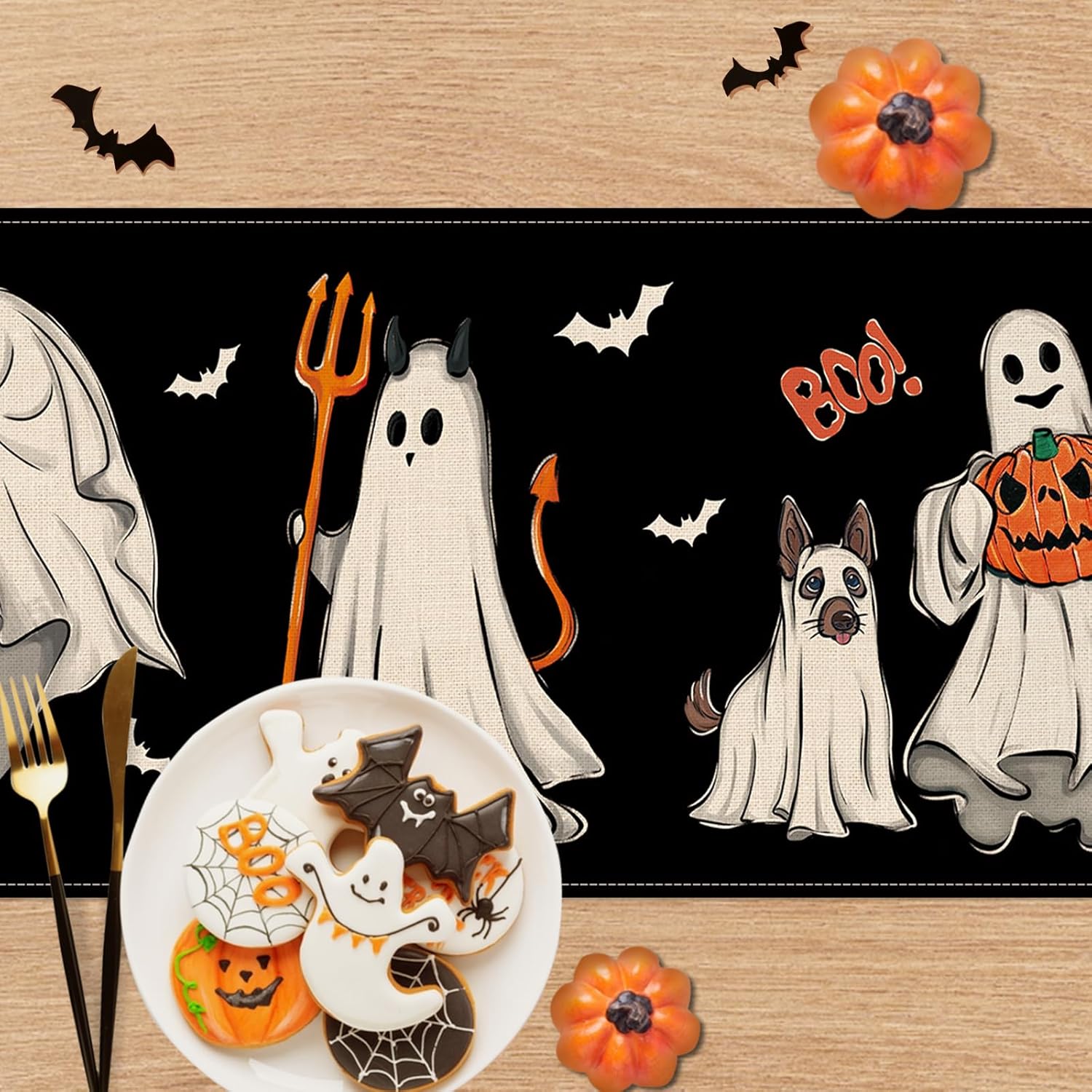 Halloween Ghost Boo Black Table Runner 13x72 Inch