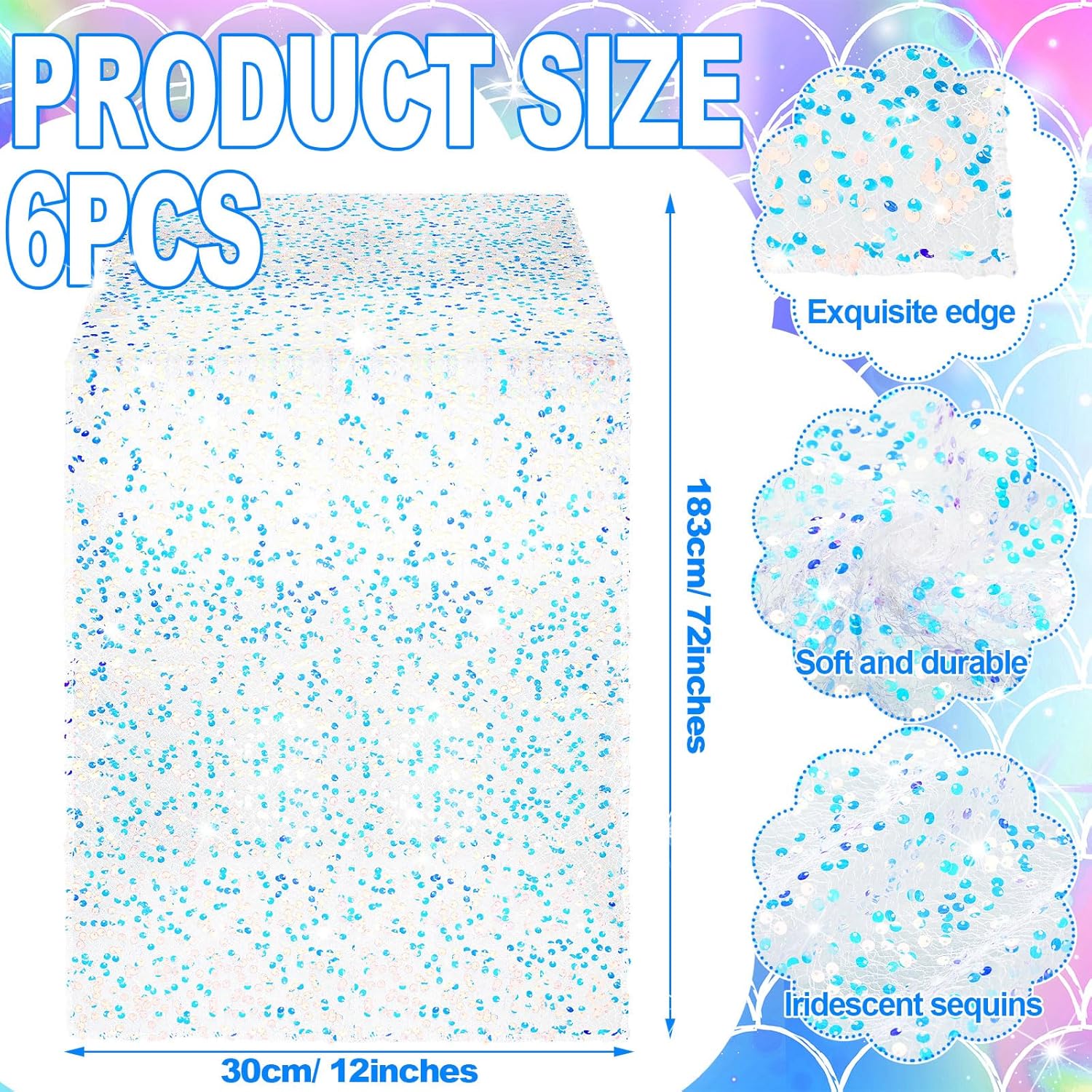 6 Pcs Iridescent Sequin Table Runner White 12x72 Inch Mermaid Wedding Cover