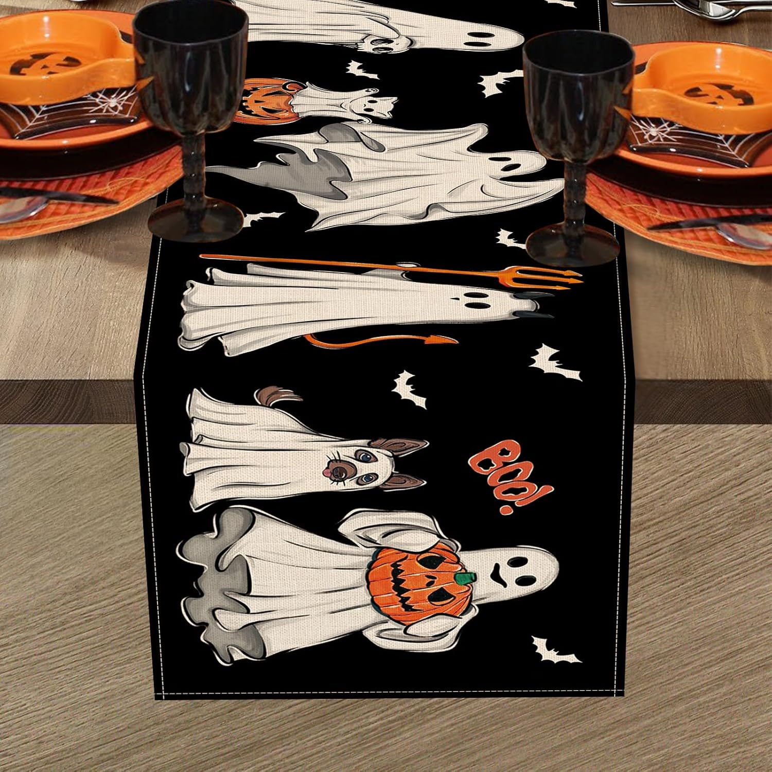 Halloween Ghost Boo Black Table Runner 13x72 Inch