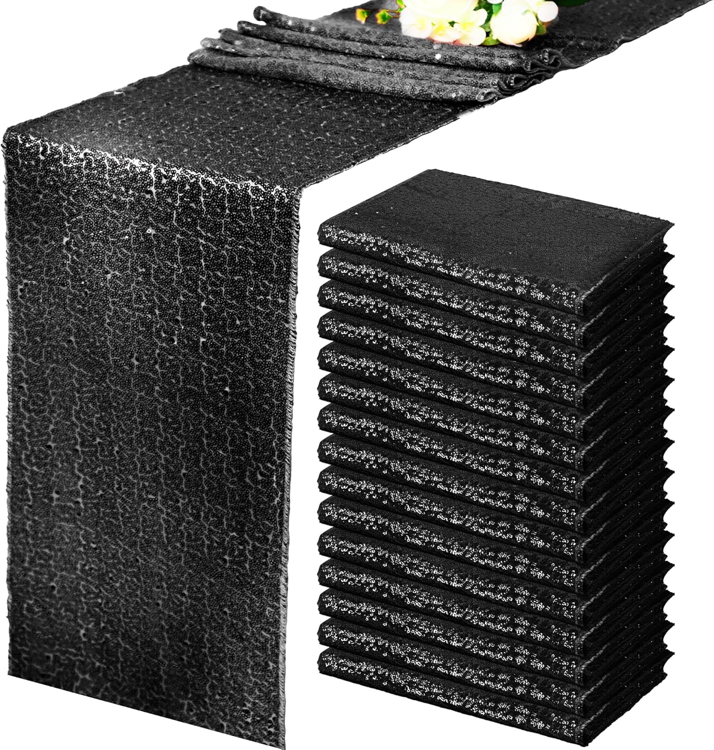 15 Pack Black Sequin Table Runner for Holidays and Events