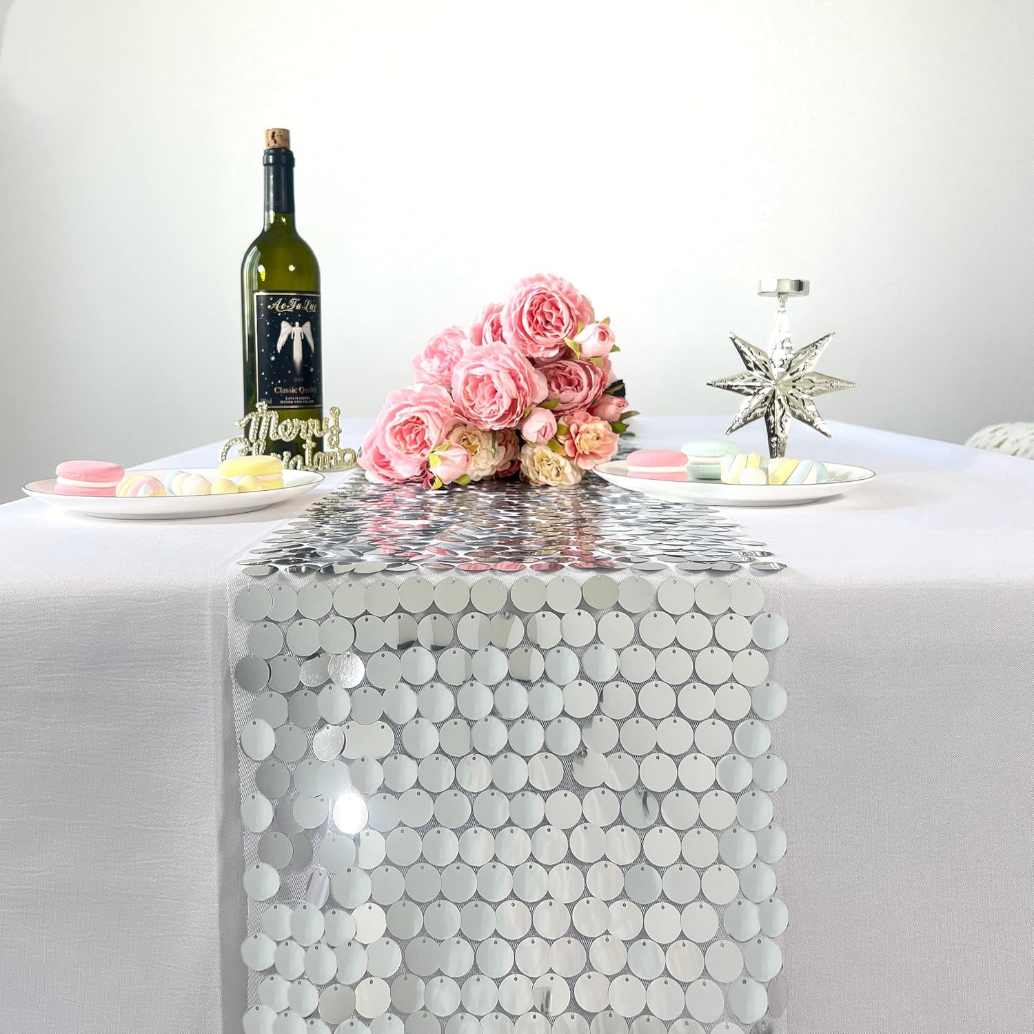 JYFLZQ Silver Sequin Table Runner 12x108 Inch 1 Pack