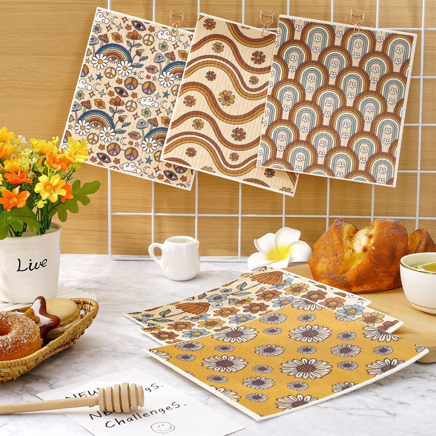 Whaline 6 Pack Boho Floral Dish Cloths