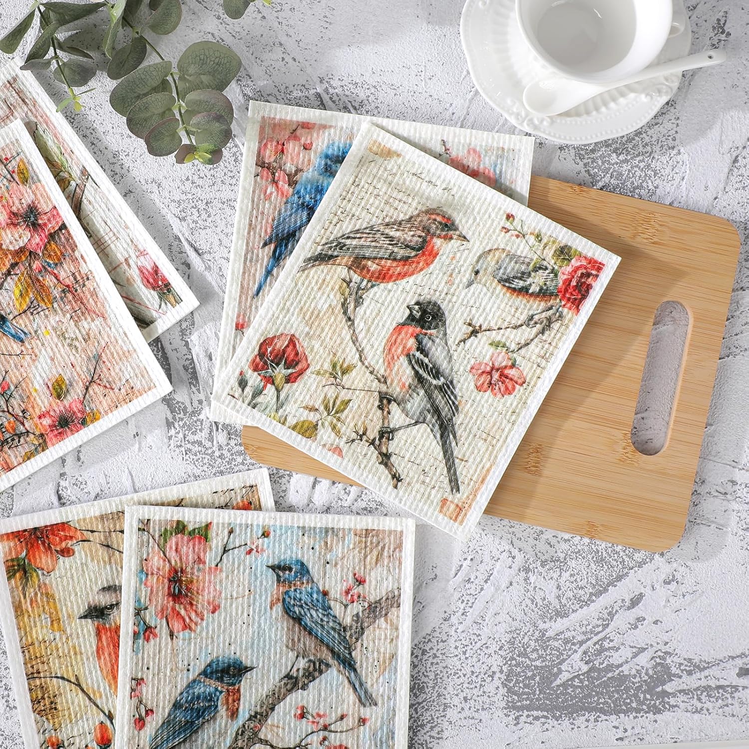 VISSTREE Birds Flowers Dishcloths 6 Pack Reusable Kitchen Cloths