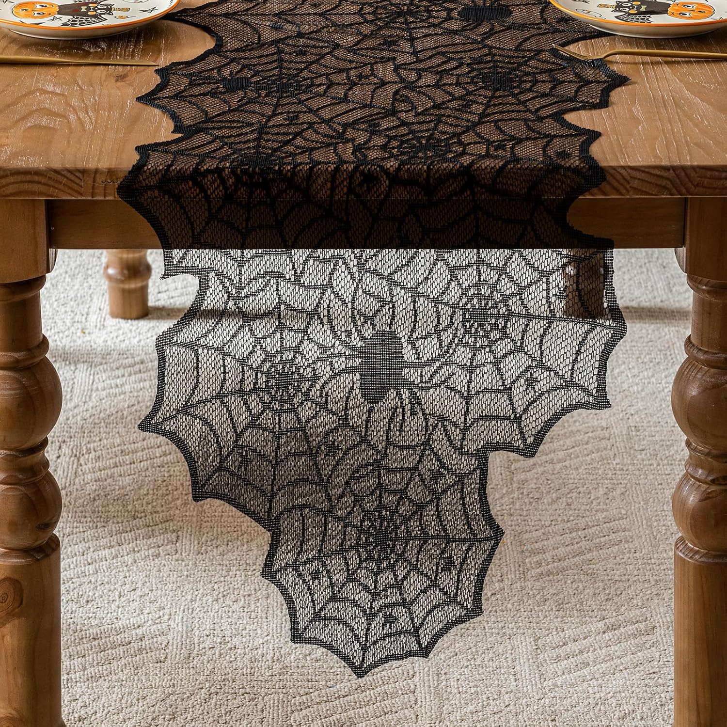 Sioloc Halloween Table Runner with Black Lace Spider Web Design