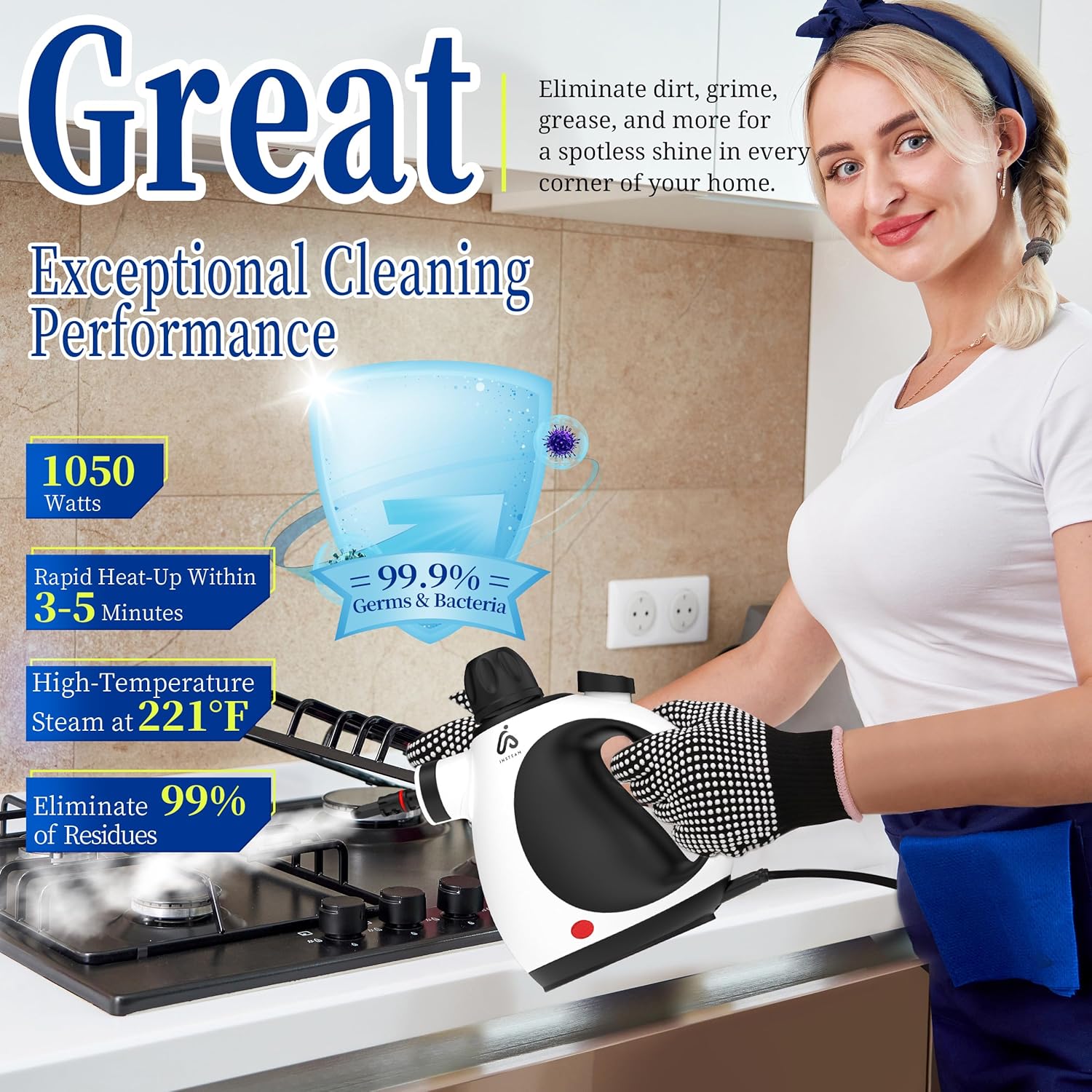 Insteam Handheld Steam Cleaner 12 in 1 Kit with Heat Resistant Gloves