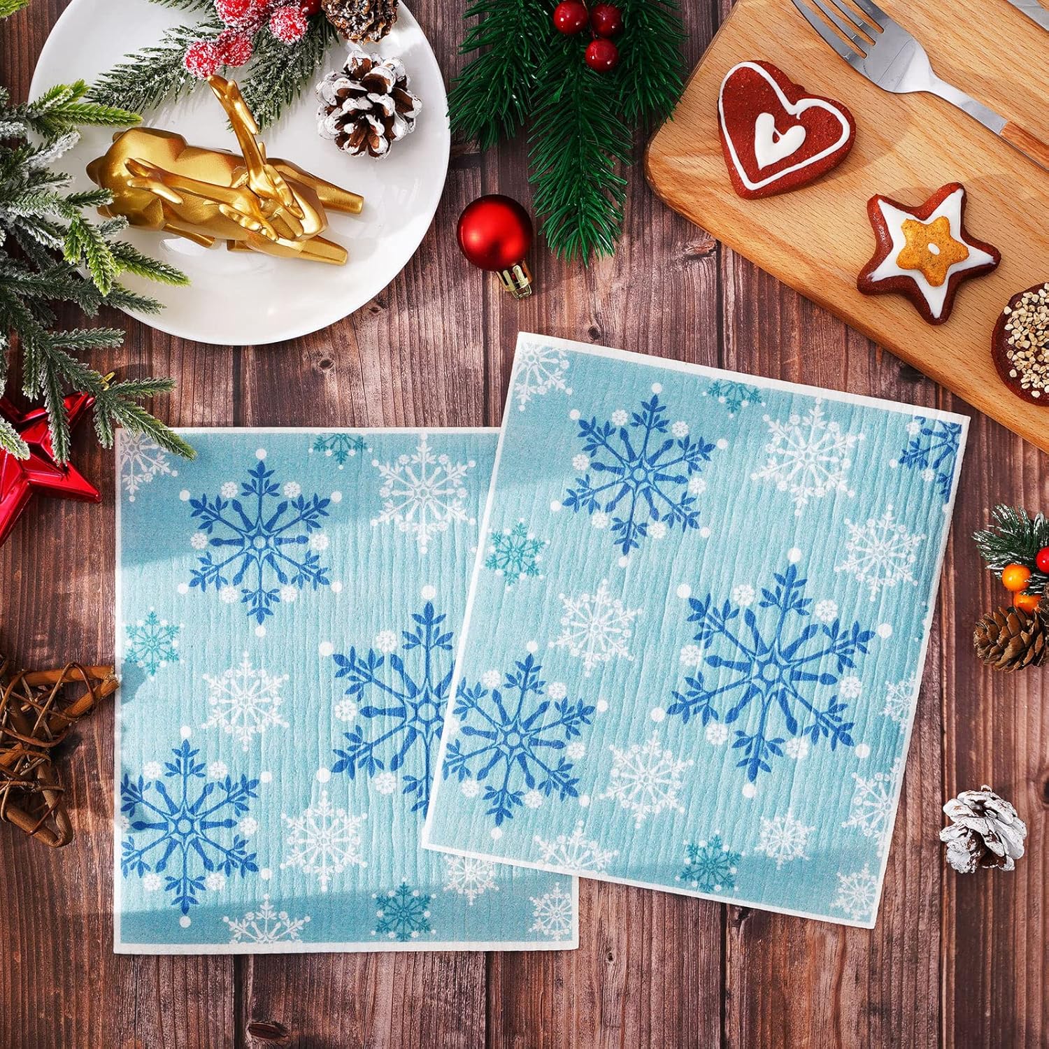 Whaline 4Pcs Christmas Swedish Dishcloths Reusable Kitchen Towels