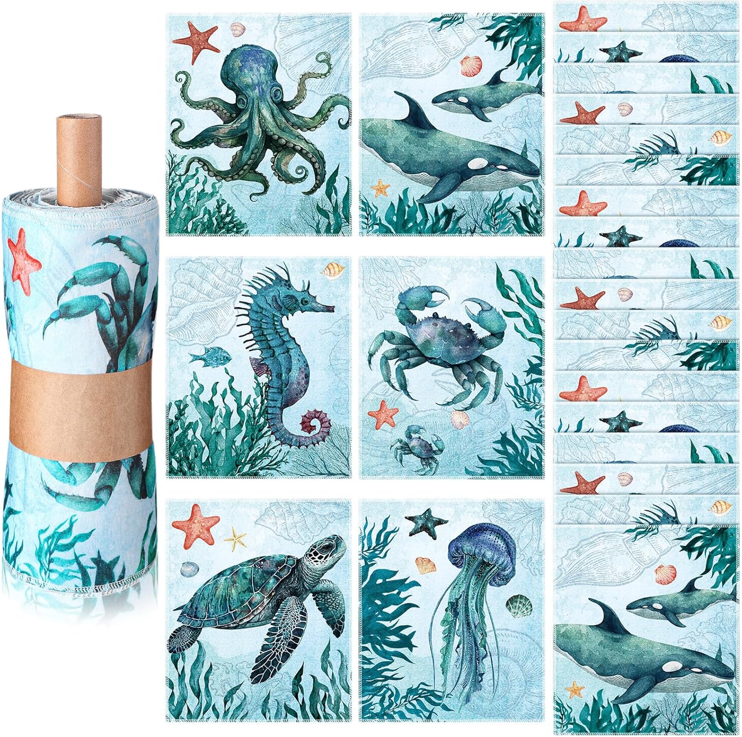 36 Count Reusable Cleaning Cloths Cotton Kitchen Towels Sea Animals Blue