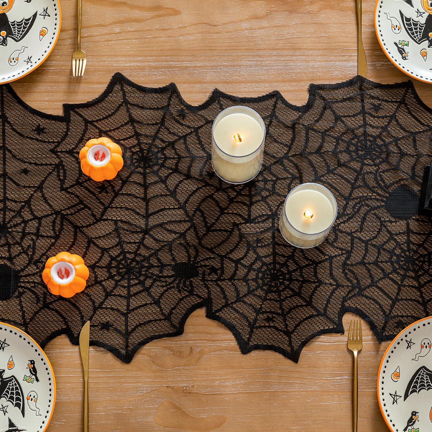 Sioloc Halloween Table Runner with Black Lace Spider Web Design