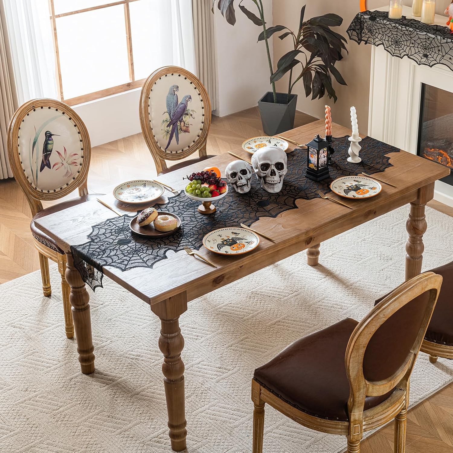 Sioloc Halloween Table Runner with Black Lace Spider Web Design