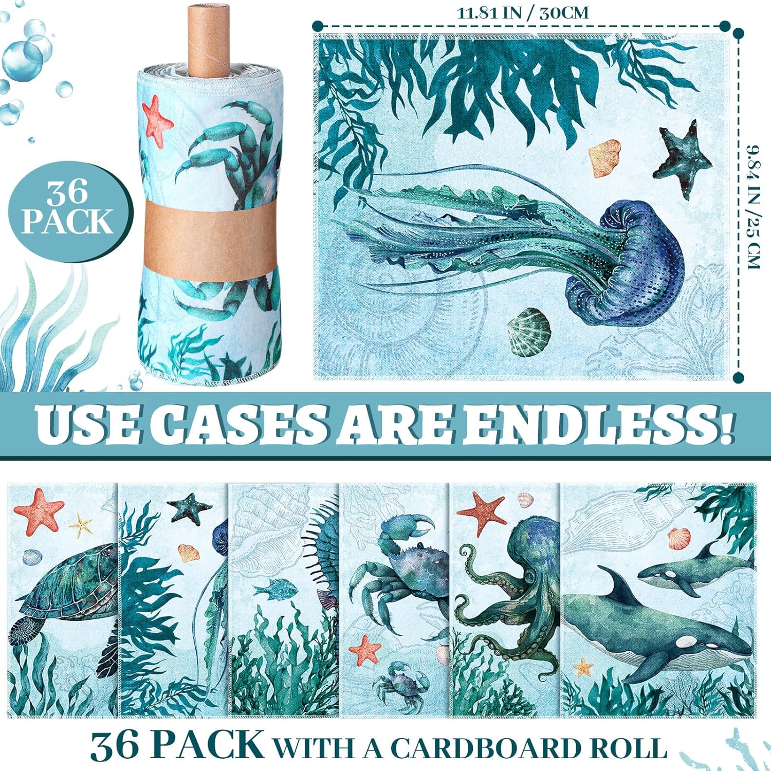 36 Count Reusable Cleaning Cloths Cotton Kitchen Towels Sea Animals Blue