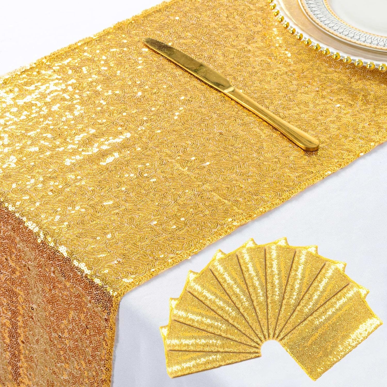 ShinyBeauty 10pc 12x108 Inch Gold Sequin Table Runners