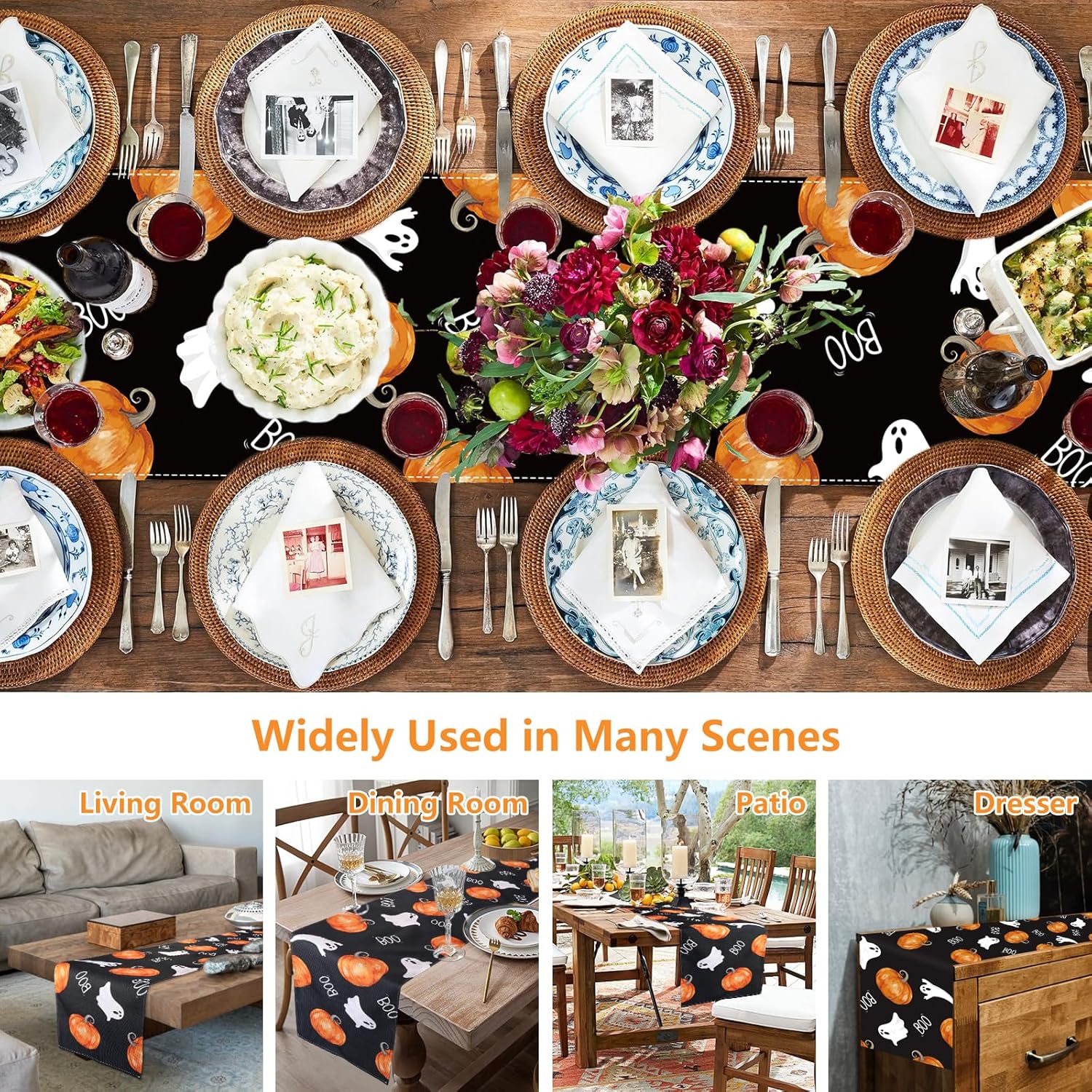 Halloween Table Runner Black Ghost Pumpkin Decor