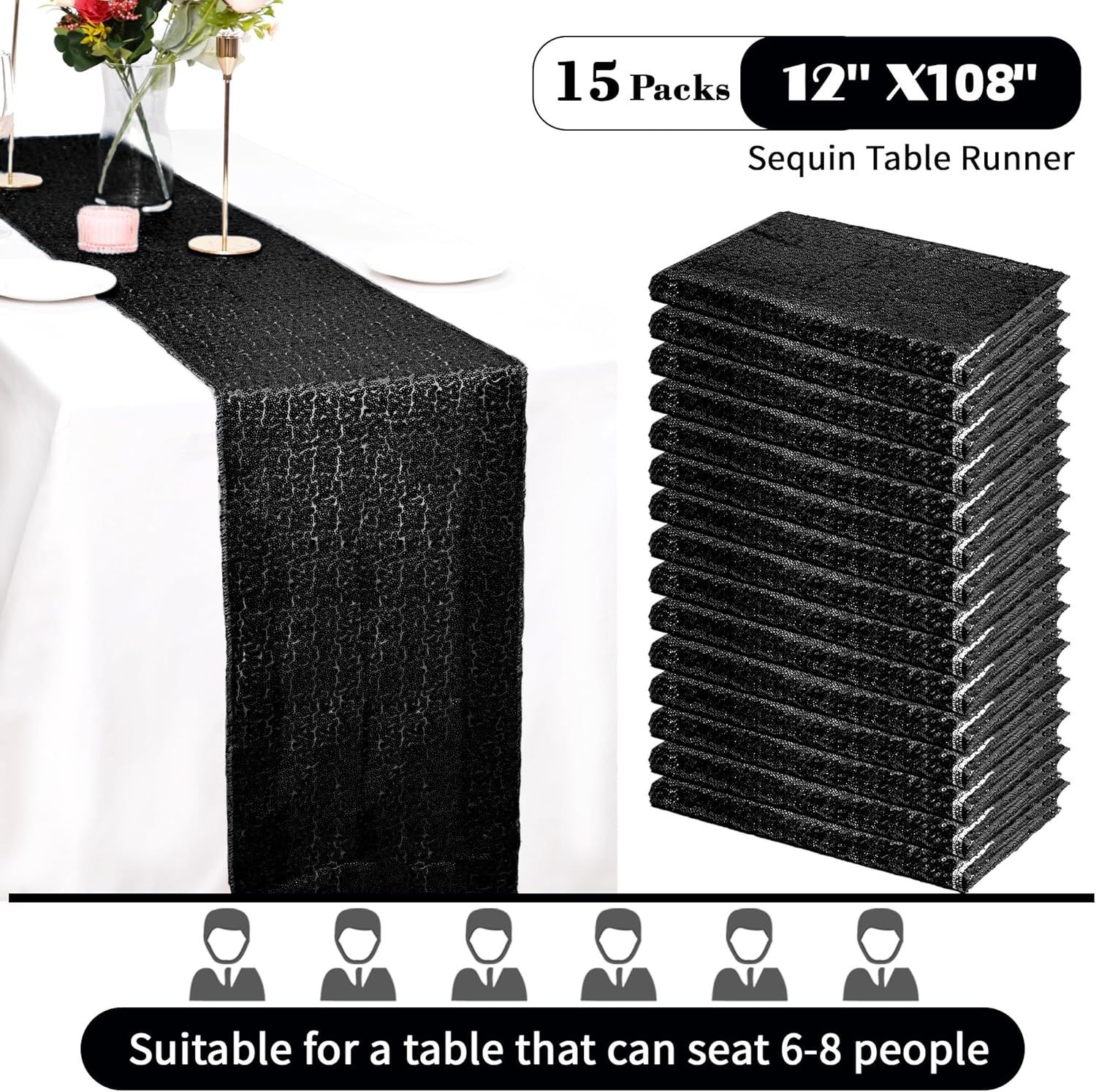 15 Pack Black Sequin Table Runner for Holidays and Events