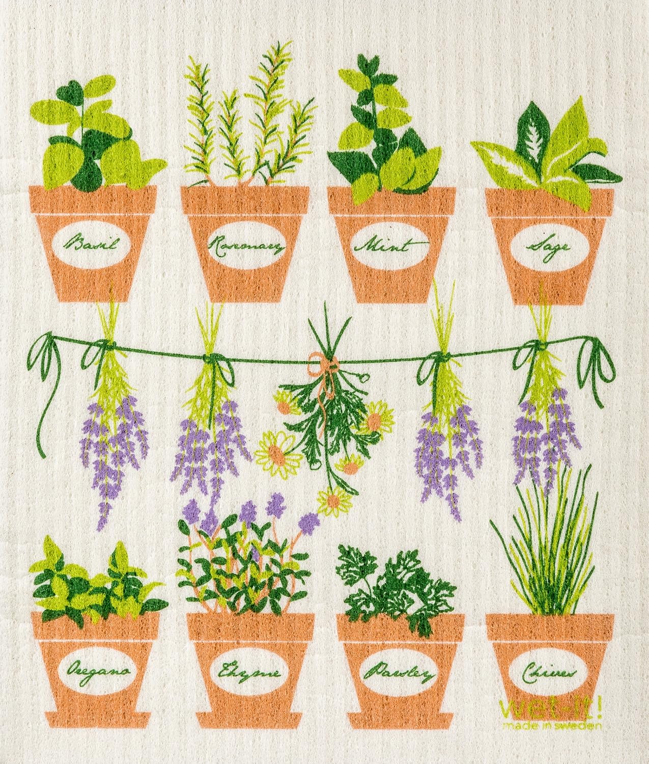 Swedish Dishcloth with Herb Pots Design