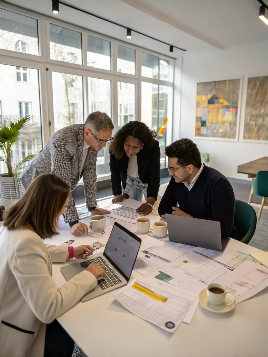 A professional photograph of a diverse team of consultants collaborating in a modern, eco-friendly office space, symbolizing AMUSECHILLATECH LTD's collaborative approach to digital ethics consulting.